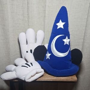 Vintage Disney Mickey Mouse Fantasia Blue Wizard Hat and White Gloves Set